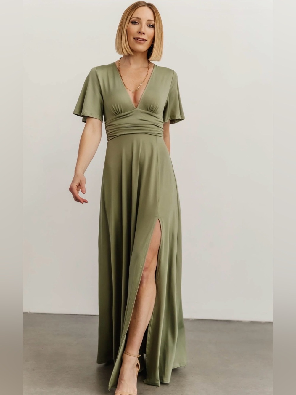 Sage Green V-Neck Maxi Dress with Side Slit